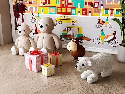 Plush Teddy Bears Donkey Polar Bear with Gift Boxes Colorful Wall Decor Wooden Floor 3d model