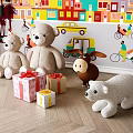 Plush Teddy Bears Donkey Polar Bear with Gift Boxes Colorful Wall Decor Wooden Floor