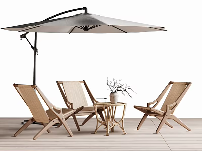 Modern Outdoor Chairs With Wooden Frame Rattan Seats Side Table And Patio Umbrella 3d model