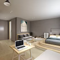 Modern Apartment Interior With Gray Walls Large Windows Curtains Platform Bed Sofa Desk And Laptop