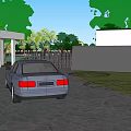 Modern Gas Station With Red Canopy Fuel Pumps Vehicles And Green Trees