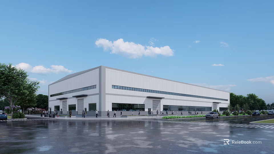 Modern Industrial Factory Building Exterior With Vehicles Pedestrians And Trees 3d model 