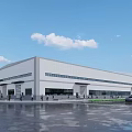 Modern Industrial Factory Building Exterior With Vehicles Pedestrians And Trees