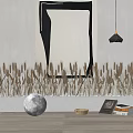 Indoor Decorative Wheat Bonsai On Long White Base With Abstract Painting And Glowing Lamp
