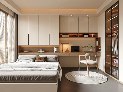 Tatami Bedroom Modern Interior With Bed Built-in Wardrobe Desk And Chair Near Window With Blinds 3d model