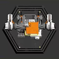 Orange And White Humanoid Robot With Red Eye Sensor Mechanical Limbs Standing On Display Platform