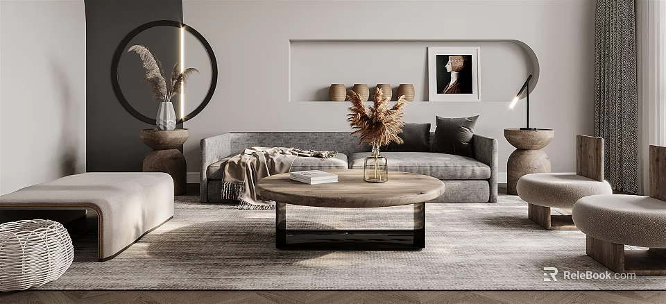 Modern Living Room Interior With Grey Sofa Throw Pillows Round Coffee Table And Decorative Elements 3d model