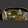 Cozy Kitchen Dining Interior With Stone Fireplace Green Cabinets Wooden Table Checkered Tablecloth Teapot Cookies