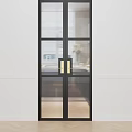 Modern Swing Door With Glass Panels And Black Metal Frame Gold Handles