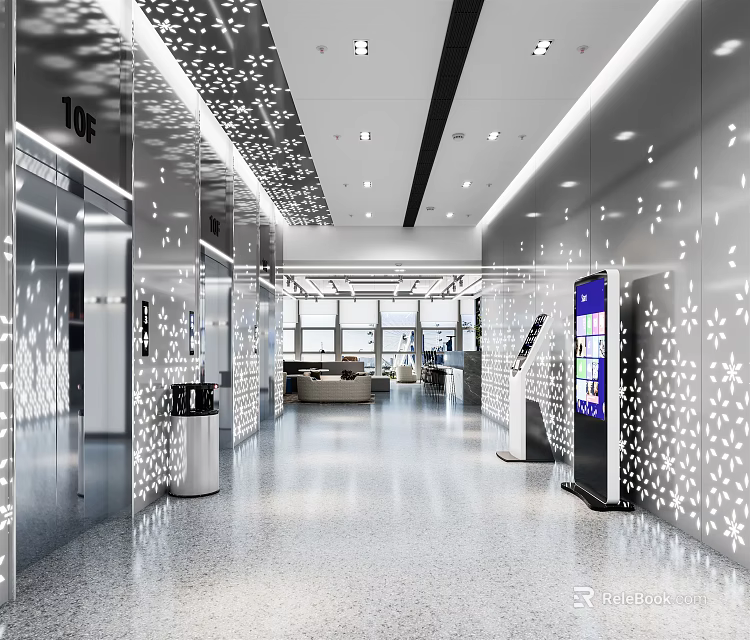 Modern Elevator Hallway With Snowflake Patterned Walls Recessed Lights Polished Floor Sofa Seating And Digital 3d model 
