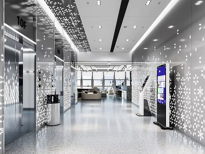 Modern Elevator Hallway With Snowflake Patterned Walls Recessed Lights Polished Floor Sofa Seating And Digital 3d model