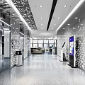 Modern Elevator Hallway With Snowflake Patterned Walls Recessed Lights Polished Floor Sofa Seating And Digital
