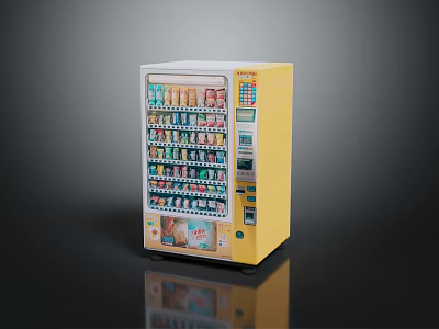 Yellow And White Vending Machine With Digital Display Dispensing Various Drinks 3d model