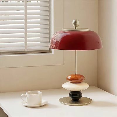 Modern Red Lampshade Table Lamp With Stacked Round Base And White Cup By Window 3d model