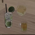 Refreshing Drinks With Lime Ice Cubes Wine Glass And Green Tea On Wooden Table