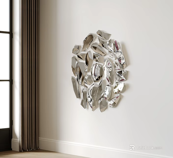 Modern Silver Geometric Wall Decor With Abstract Mirror Pieces On White Wall 3d model 
