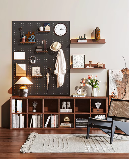 Stylish Entryway Cabinet And Side Cabinet With Shelves Books Decorations And Flower Vase 3d model 