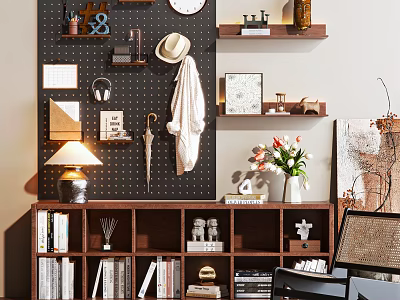 Stylish Entryway Cabinet And Side Cabinet With Shelves Books Decorations And Flower Vase 3d model