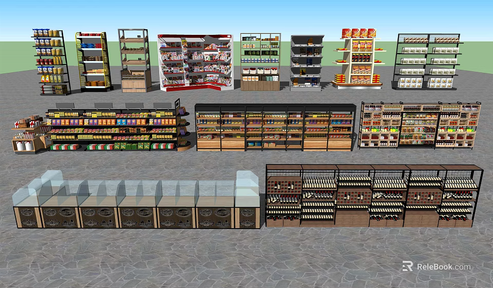 Various Types Of Retail Display Shelves With Multi Tiered Racks And Glass Cases 3d model 