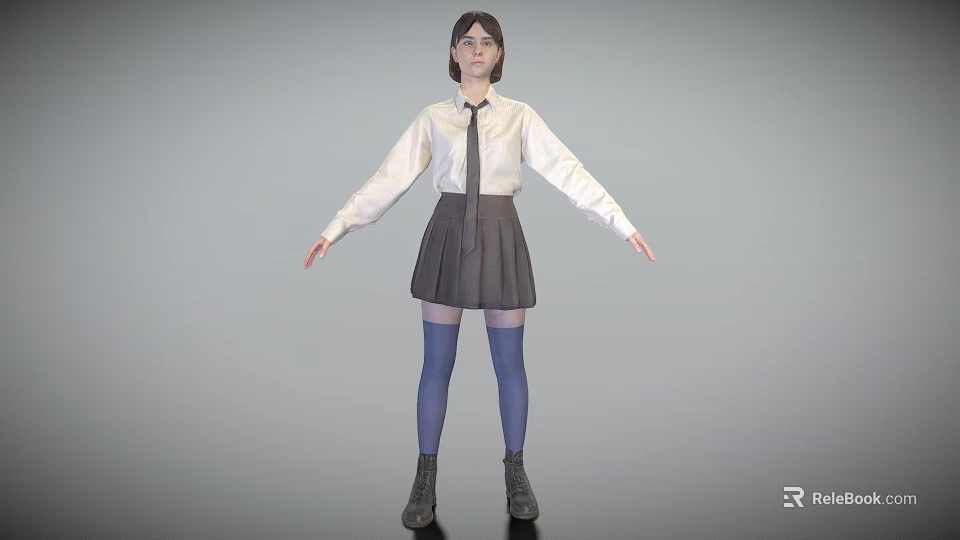 A Woman Wearing White Shirt Tie Gray Pleated Skirt Blue Thigh High Socks And Boots 3d model 