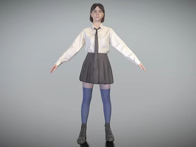A Woman Wearing White Shirt Tie Gray Pleated Skirt Blue Thigh High Socks And Boots 3d model