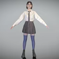 A Woman Wearing White Shirt Tie Gray Pleated Skirt Blue Thigh High Socks And Boots