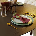 Round Dining Table Set with Beige Tufted Chairs and Dinnerware Dried Flower Arrangement 3d model