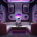 Modern KTV Room With Neon Lights Starry Ceiling Sofa TV Screen And Spacesuit Figure