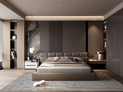 Modern Bedroom Interior Design With Gray Headboard Nightstand Marble Wall And Area Rug 3d model