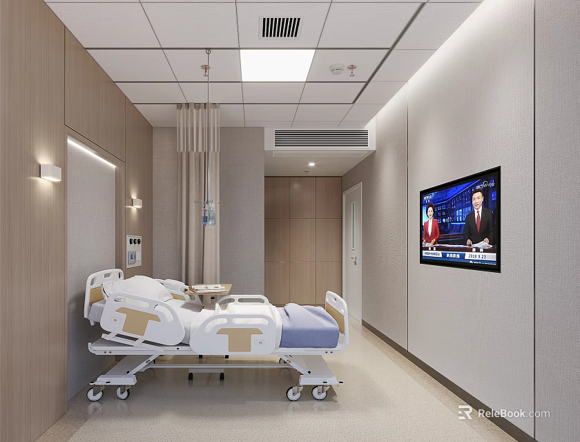 Modern Hospital Outpatient Ward Interior With Comfortable Medical Bed TV Screen and Equipment 3d model 