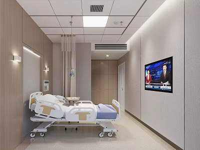 Modern Hospital Outpatient Ward Interior With Comfortable Medical Bed TV Screen and Equipment 3d model