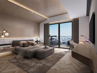 Modern Bedroom Interior With Large Bed Throw Pillows Herringbone Floor And City View 3d model