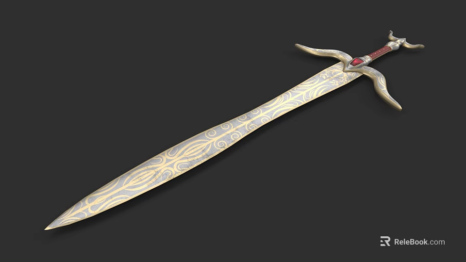 Decorative Medieval Sword With Ornate Patterns On Blade And Red Hilt 3d model 