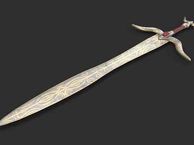 Decorative Medieval Sword With Ornate Patterns On Blade And Red Hilt 3d model