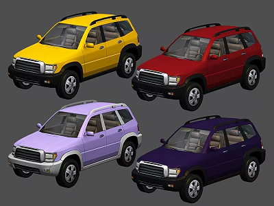 Four Different Colored SUV Vehicles In Yellow Red Purple And Dark Blue 3d model