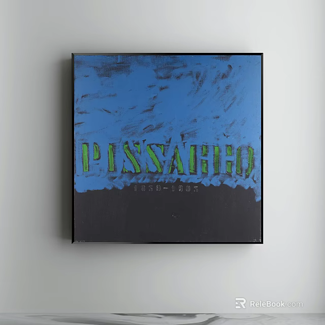 Abstract Painting With Green Text On Blue And Black Canvas Wall Art 3d model 