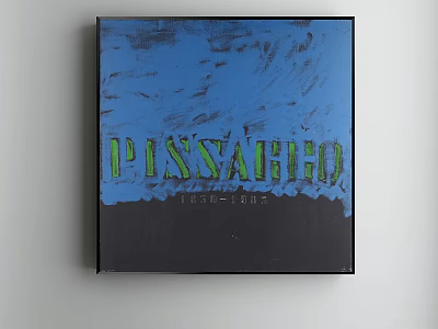 Abstract Painting With Green Text On Blue And Black Canvas Wall Art 3d model