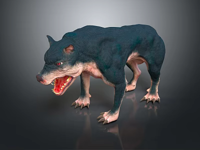Ferocious Dark Blue Wolf Like Game Movie Character With Open Mouth Sharp Teeth And Claws 3d model