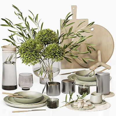 Stylish Tableware Set with Olive Branches Green Plants Glass Cups Wooden Cutting Board and Bowls 3d model