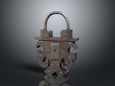 Antique Metal Padlock With Intricate Patterns And Keyhole On Dark Reflective Surface 3d model