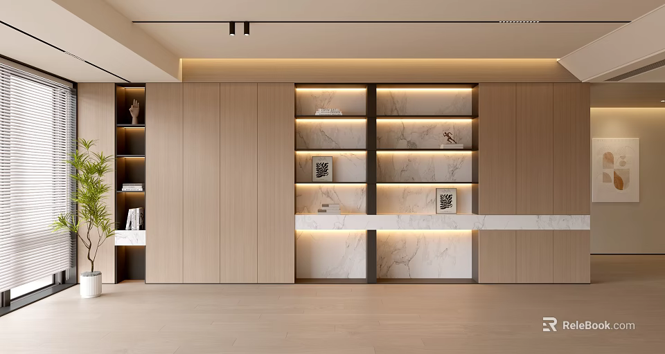 Modern Living Room Interior With Wooden Cabinets Marble Display Shelves And Lighting Strips 3d model 