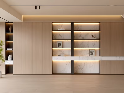 Modern Living Room Interior With Wooden Cabinets Marble Display Shelves And Lighting Strips 3d model