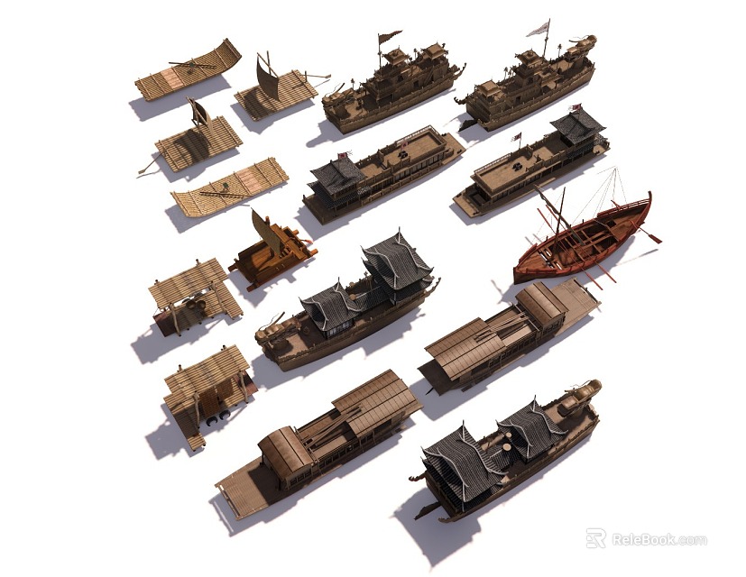Collection of Various Traditional Wooden Boats with Different Designs and Styles 3d model 