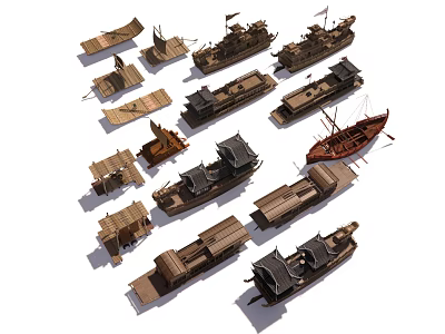 Collection of Various Traditional Wooden Boats with Different Designs and Styles 3d model