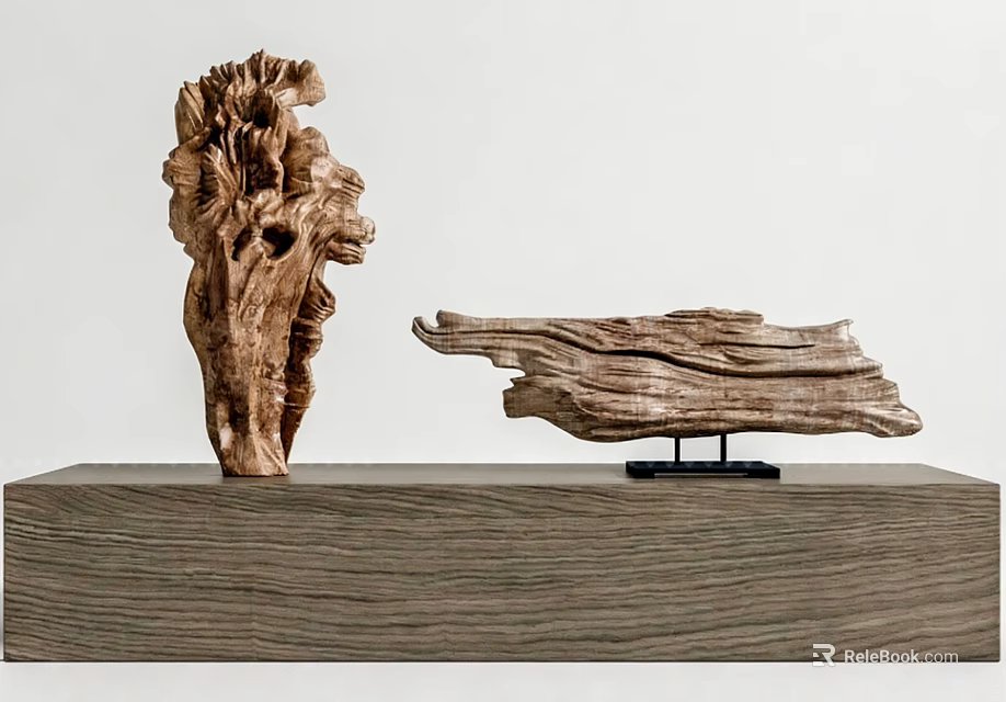 Handcrafted Wooden Sculptures Featuring Abstract Tree Form And Wavy Flat Design On Base 3d model 