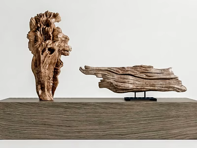 Handcrafted Wooden Sculptures Featuring Abstract Tree Form And Wavy Flat Design On Base 3d model