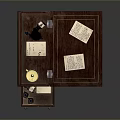 Dark Wooden Writing Desk With Drawers Candle Holder And Papers On Desktop