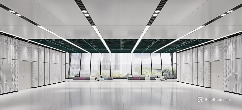 Modern Front Desk Reception Area With Open Layout Large Windows And Waiting Sofa 3d model