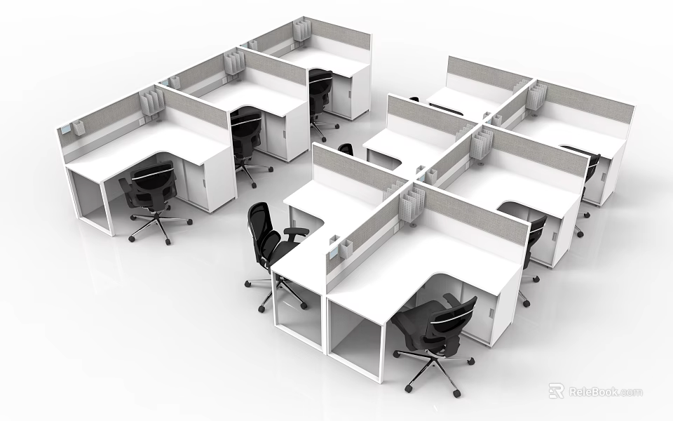 Modern Office Workstations With White Desks Black Chairs And Partitioned Cubicles 3d model 