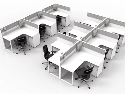 Modern Office Workstations With White Desks Black Chairs And Partitioned Cubicles 3d model